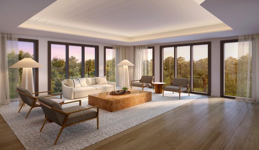 This rendering shows a modern living room with floor-to-ceiling windows and a large wooden table — 10160 AUTUMN MIST LANE UNIT 205, ORLANDO, FL