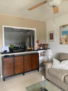 A living room features a pass-through window to the kitchen, a wooden sideboard, and sofa — 3402 Cynthia Lane # 208, FL 33461, FL