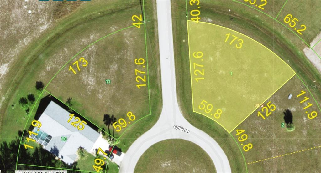 This is a map showing two adjacent residential lots on a cul-de-sac — 17336 OPHIR LANE, PUNTA GORDA, FL