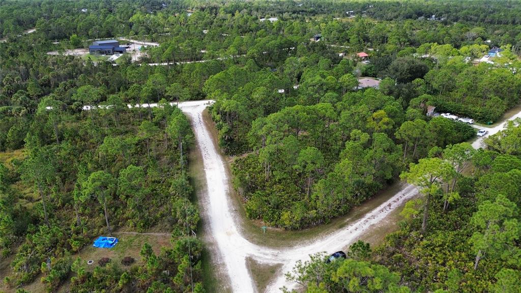 An aerial view shows a dirt road intersection surrounded by dense trees and vegetation — 13343 MENDERES DRIVE, PUNTA GORDA, FL