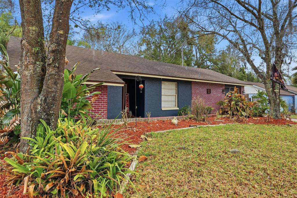 A single-story house with a brick and dark-painted exterior, a front porch, and landscaping — 17603 CRANBROOK DRIVE, LUTZ, FL