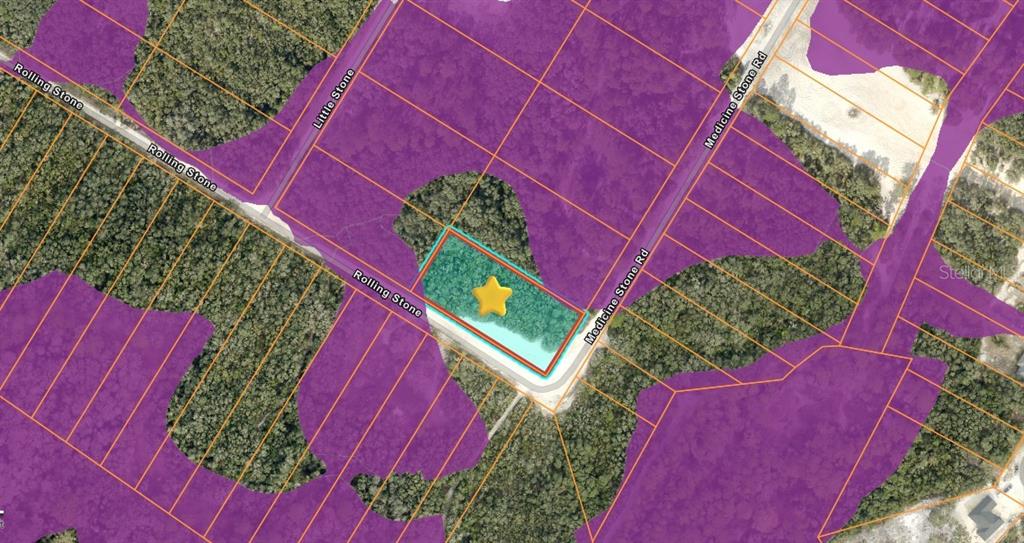 An aerial map shows a highlighted rectangular plot of land at a road intersection — 20122 MEDICINE STONE #10 DRIVE, WEBSTER, FL