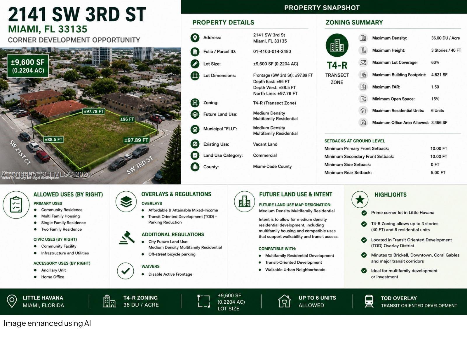 This real estate property information sheet displays a vacant corner lot with zoning details — 2141 SW 3rd St, Miami FL 33135, MIAMI, FL