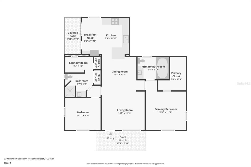 This is a floor plan for a single-story house with two bedrooms and two bathrooms — 3303 MINNOW CREEK DRIVE, HERNANDO BEACH, FL