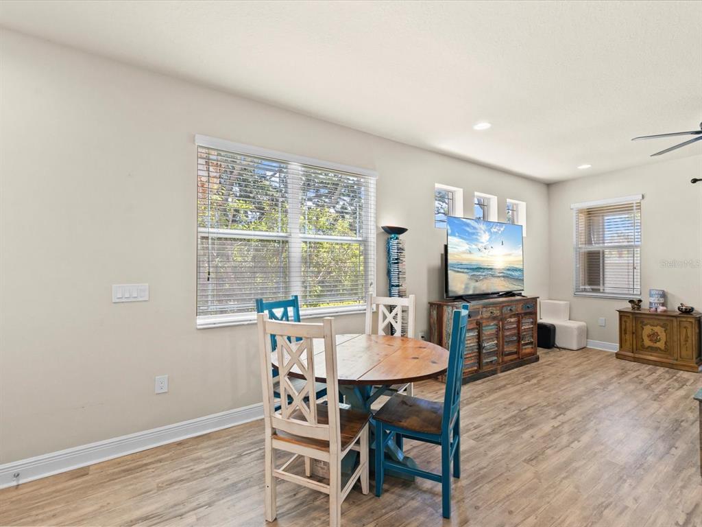 A dining area with a round wooden table, two chairs, and a television on a console — 450 HARBOR SPRINGS DRIVE, PALM HARBOR, FL