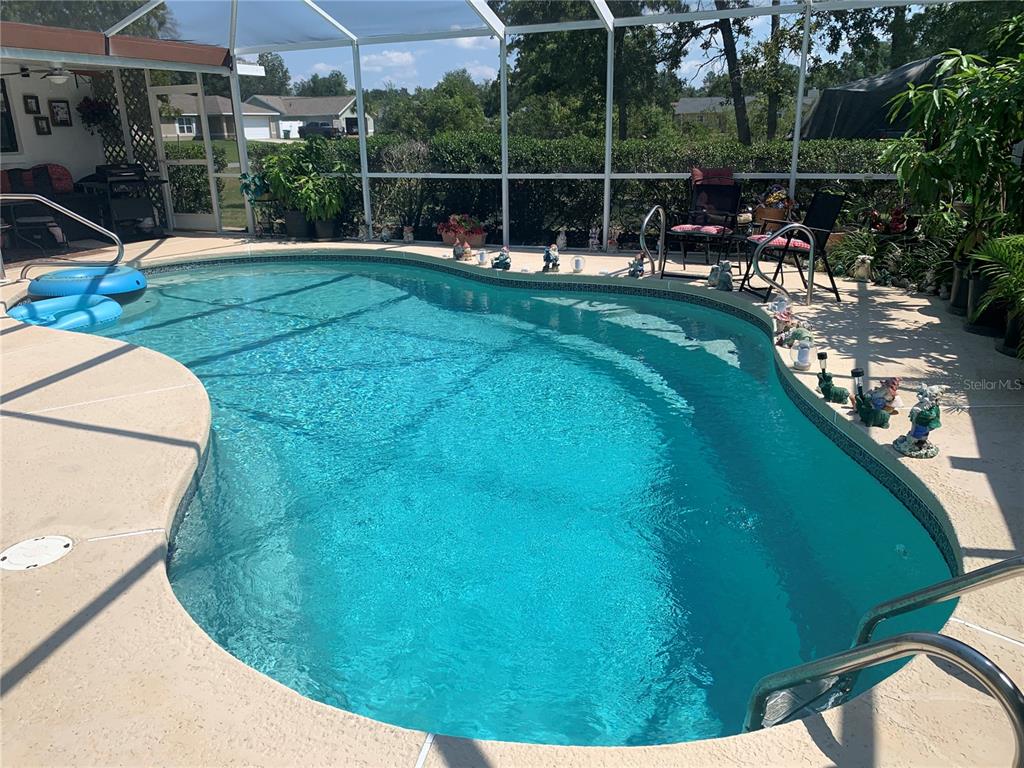A screened-in swimming pool with a concrete deck and several garden gnome figurines — 4308 SW 139TH PLACE, OCALA, FL