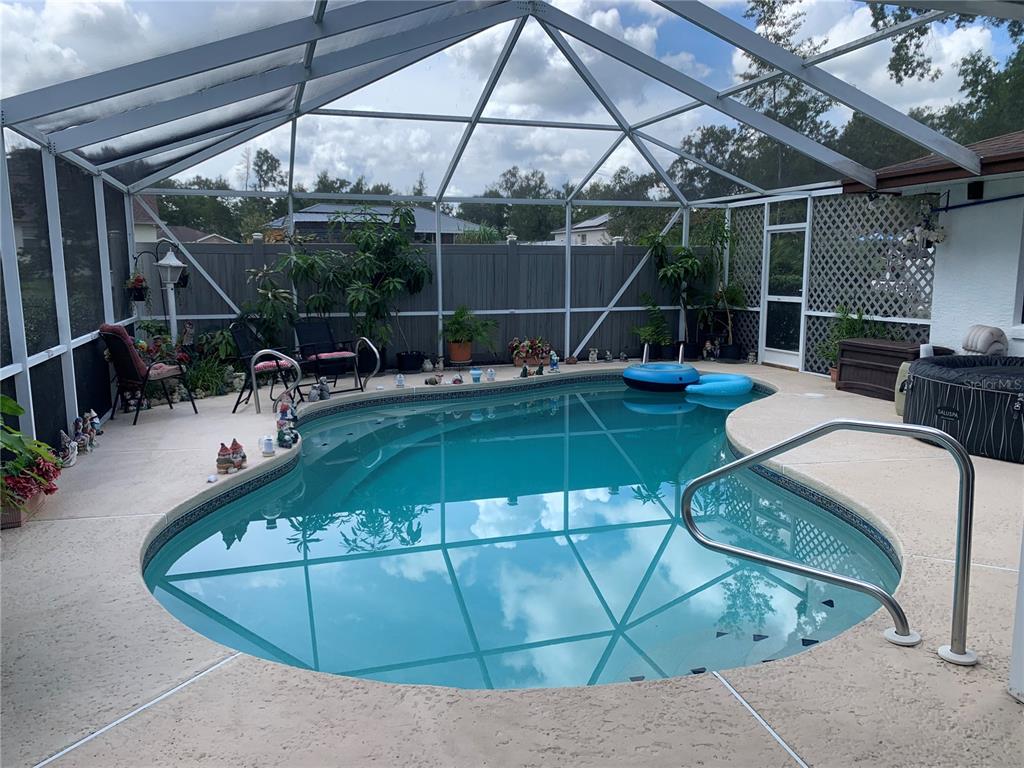 A screened-in patio features a kidney-shaped swimming pool, a hot tub, and patio furniture — 4308 SW 139TH PLACE, OCALA, FL