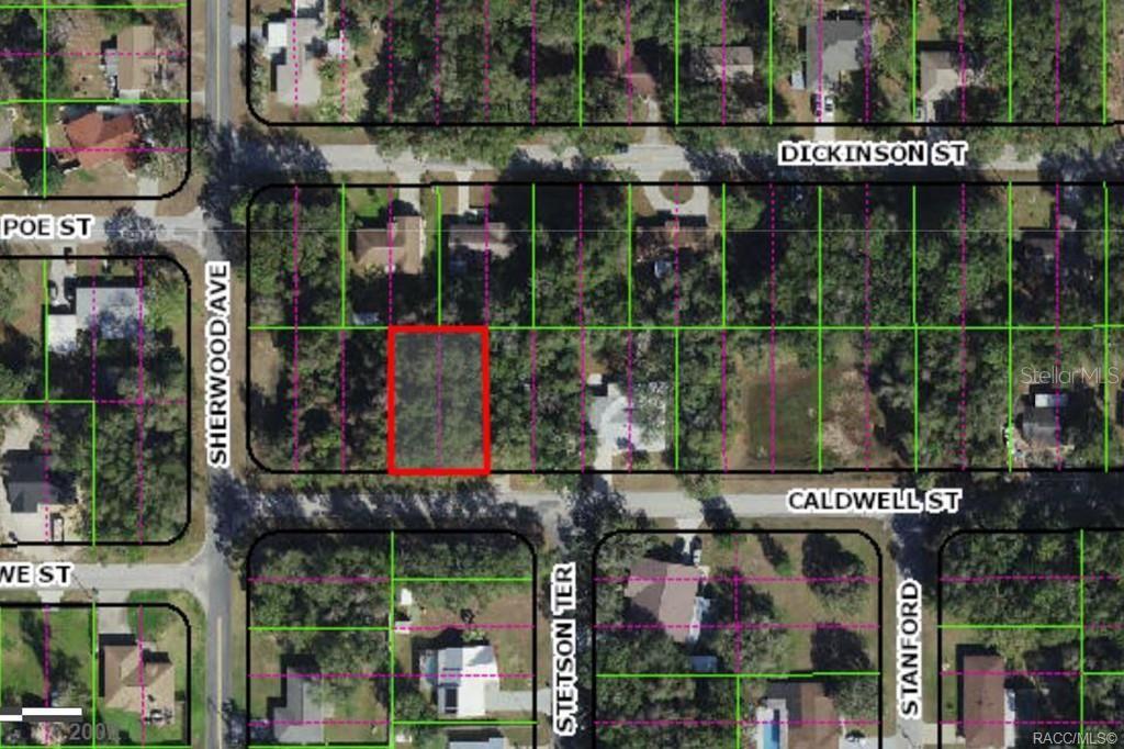 This is an aerial map showing a vacant lot outlined in red between residential streets — 1606 CALDWELL STREET, INVERNESS, FL