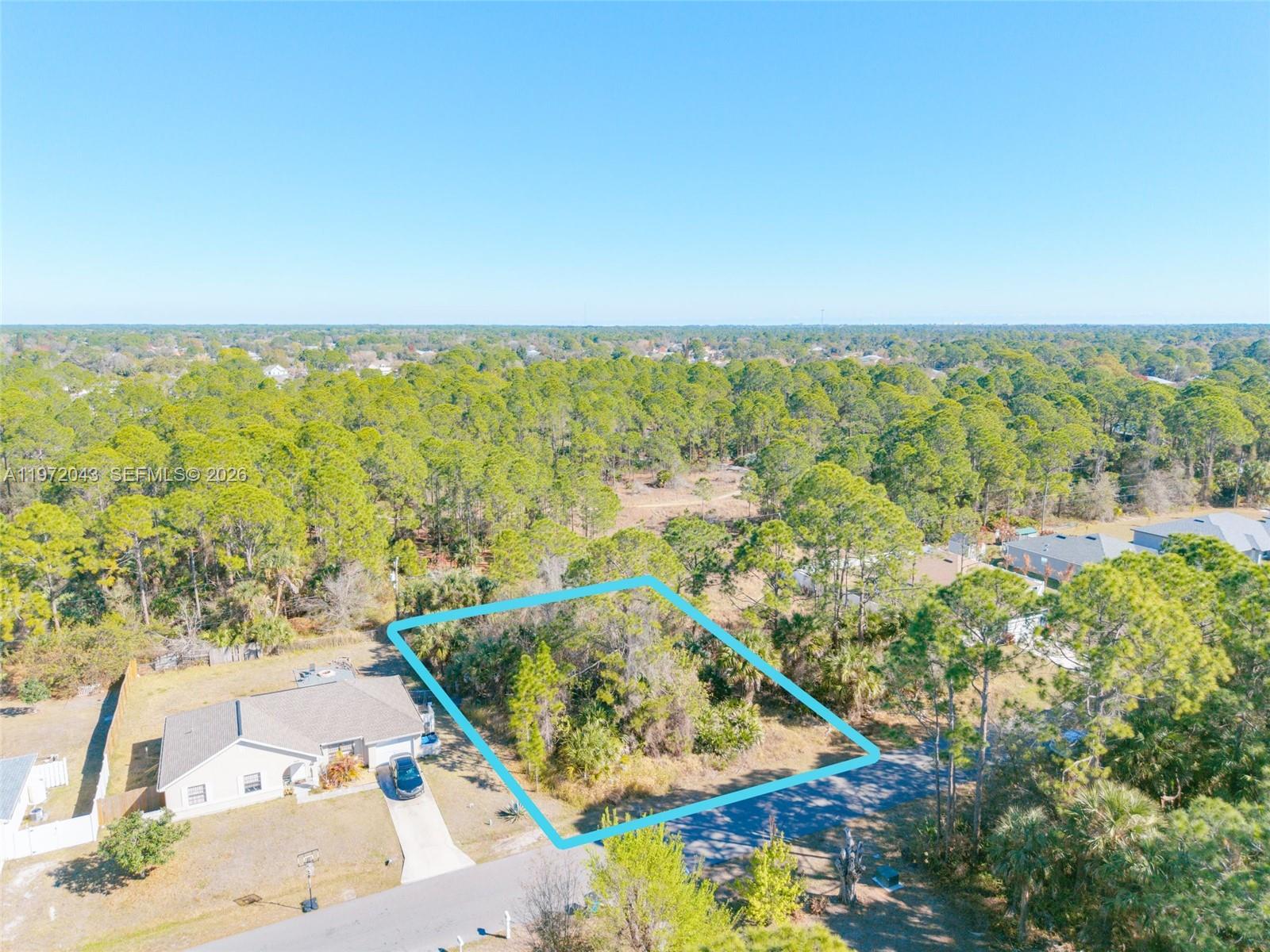 An aerial view shows a vacant, wooded residential lot outlined in blue next to a house — 825 Doverbrook Rd NW, Palm Bay FL 32907, PALM BAY, FL