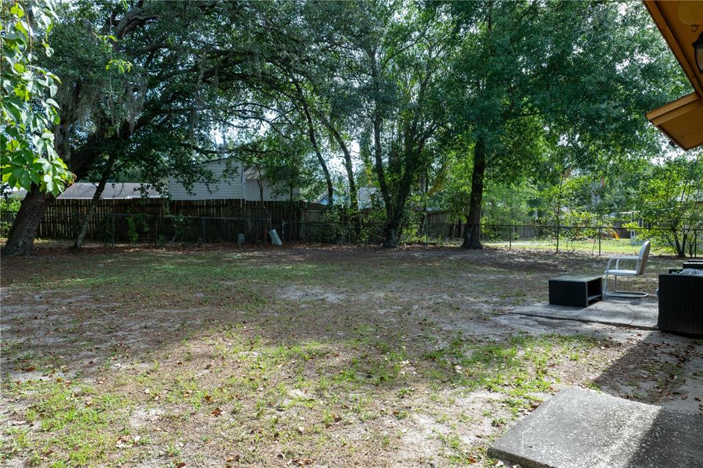 A backyard features a concrete patio, a chain-link fence, and several large, mature trees — 6424 SWALLOW HILL DRIVE, ORLANDO, FL
