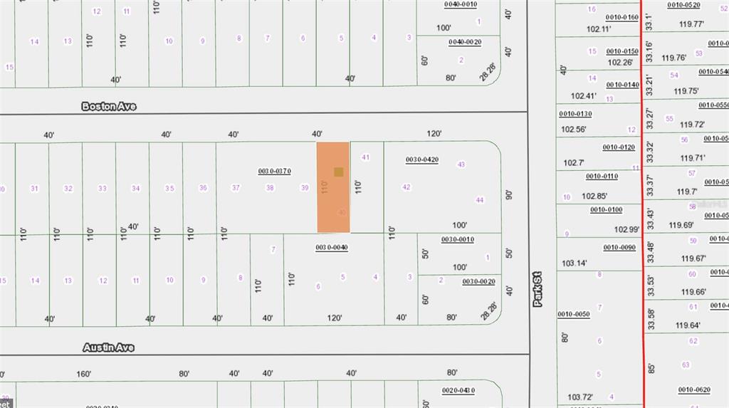 This image is a tax map showing property lot lines and dimensions for a neighborhood — XX BOSTON AVE, INTERLACHEN, FL