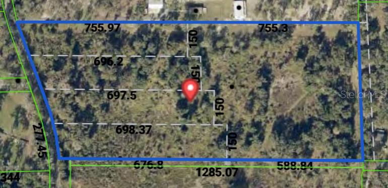 This is an aerial map showing the property boundaries and dimensions of a large, wooded lot — 0 CEDAR LANE, BROOKSVILLE, FL