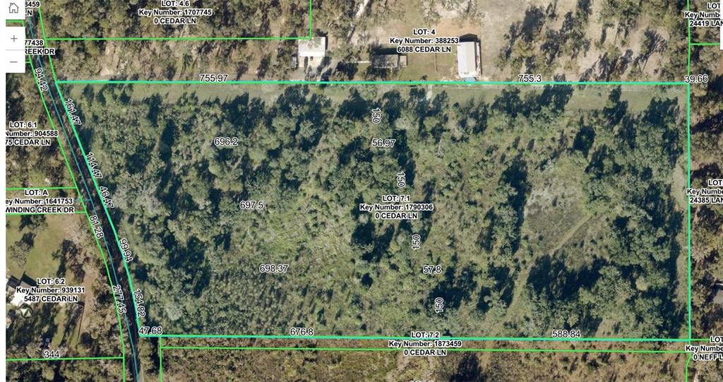 An aerial map shows property lot lines and parcel boundaries overlaid on a wooded landscape — 0 CEDAR LANE, BROOKSVILLE, FL