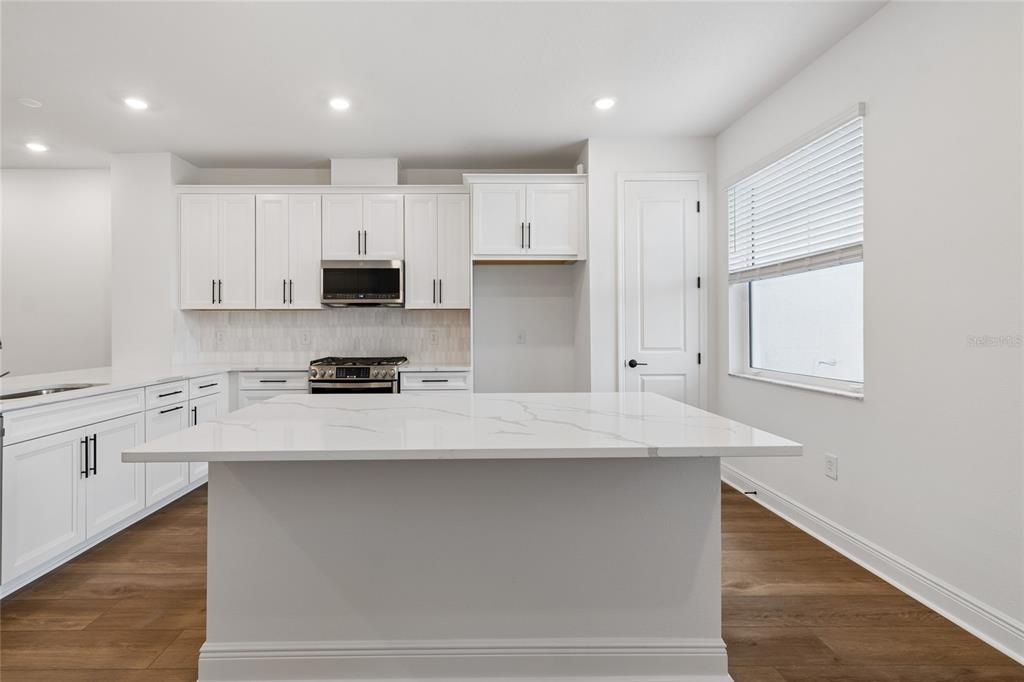 A modern kitchen features white cabinetry, a marble-topped island, and wood-look flooring — 8215 SEAFLOWER PARKWAY, BRADENTON, FL