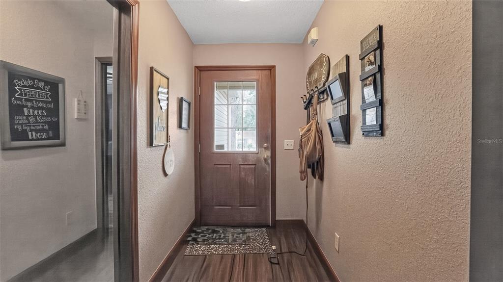 A foyer with wood-look flooring, a brown front door, and wall-mounted decor — 706 MURRAY CIRCLE, LADY LAKE, FL