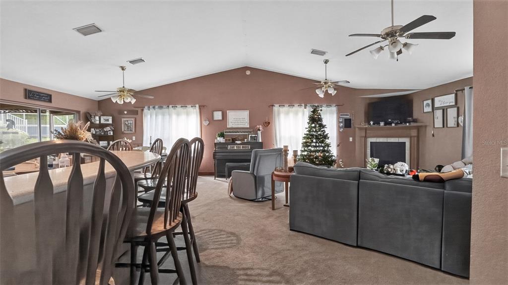 A living room with a vaulted ceiling, fireplace, carpeted floors, and an adjacent kitchen counter — 706 MURRAY CIRCLE, LADY LAKE, FL