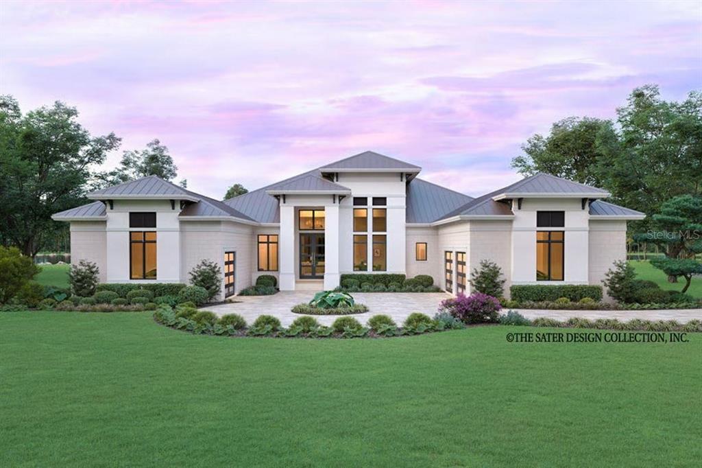 This is a rendering of a modern single-story house with a metal roof and landscaping — 15054 PENDIO DRIVE, BELLA COLLINA, FL
