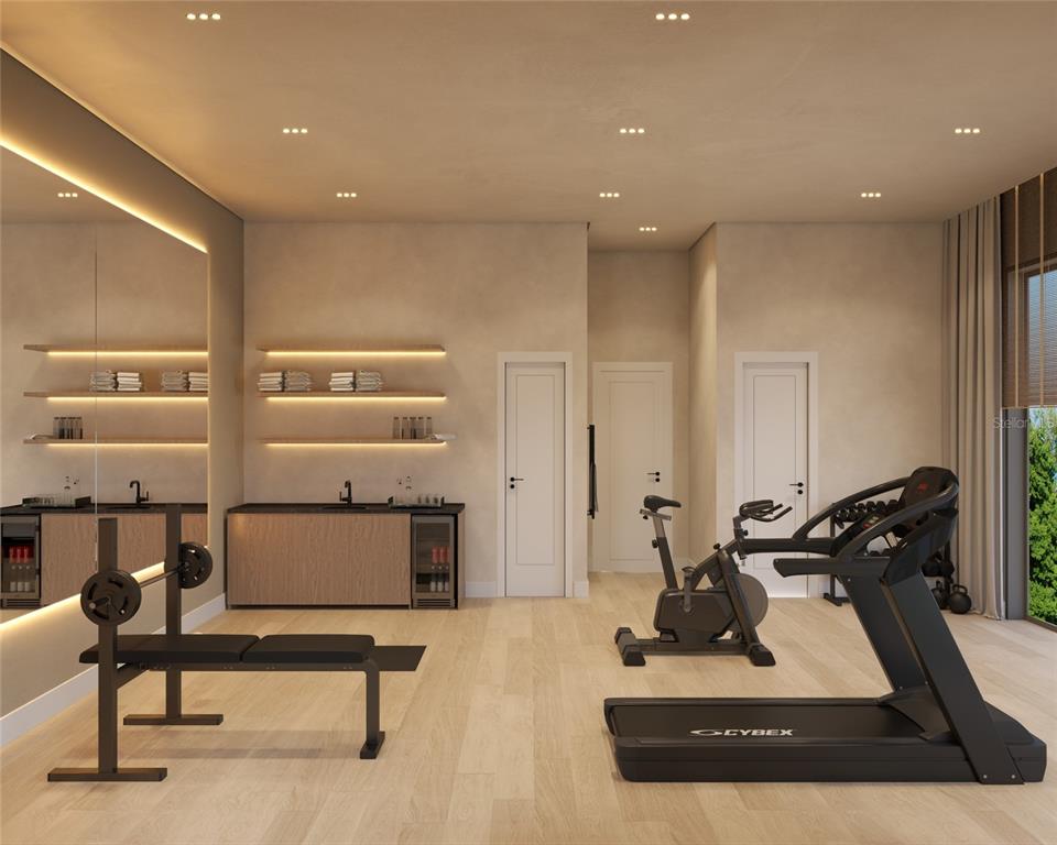This rendering shows a modern home gym with a treadmill, exercise bike, and weight bench — 15054 PENDIO DRIVE, BELLA COLLINA, FL