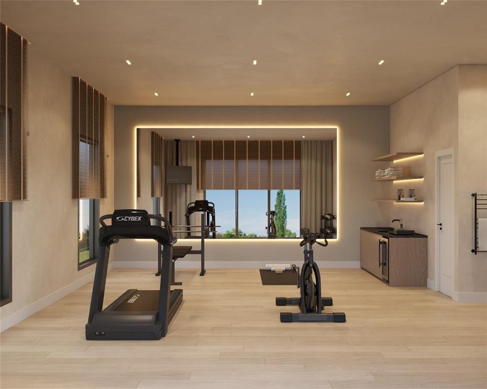 This is a rendering of a home gym with exercise equipment, a large mirror, and cabinetry — 15054 PENDIO DRIVE, BELLA COLLINA, FL