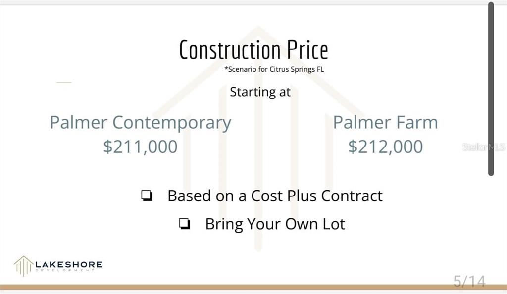 This graphic displays construction pricing for two home models based on a cost-plus contract — 8223 N EMPIRE AVENUE, CITRUS SPRINGS, FL