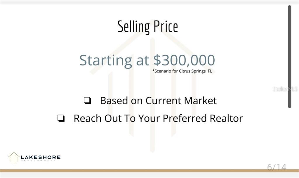 This slide displays text about a starting selling price of $300,000 for Citrus Springs, Florida — 8223 N EMPIRE AVENUE, CITRUS SPRINGS, FL