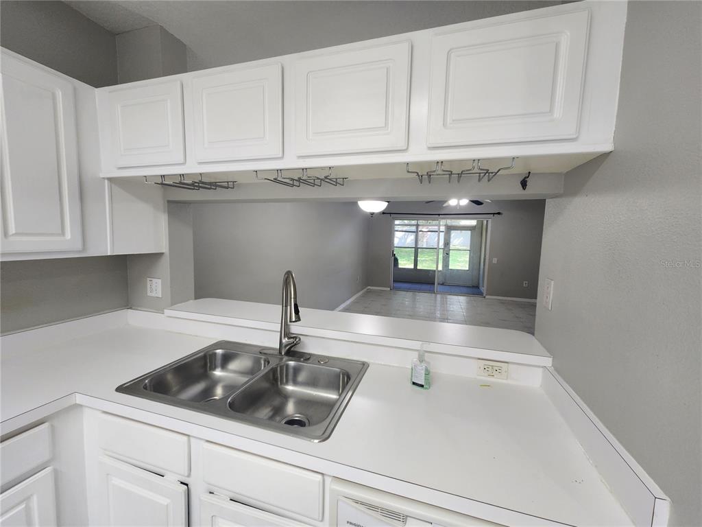A kitchen sink with a pass-through window looking into a living area with sliding doors — 2302 LAKE WOODBERRY CIRCLE, BRANDON, FL
