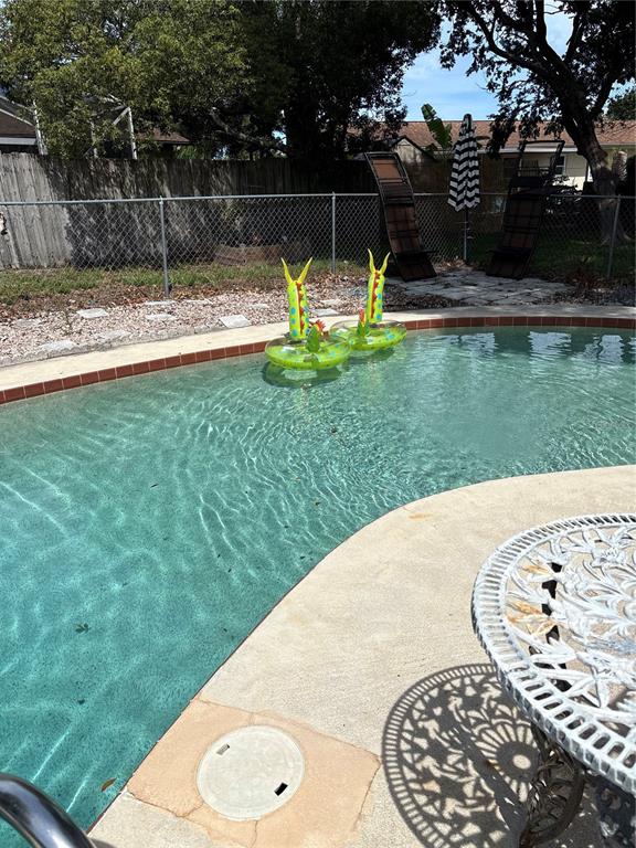 A backyard swimming pool features two inflatable dragon floats and lounge chairs on the deck — 94 GLASS COURT, PORT ORANGE, FL