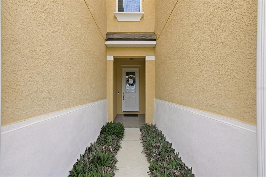 A narrow concrete walkway leads to a white front door between two yellow stucco walls — 17815 ALTHEA BLUE PLACE, LUTZ, FL