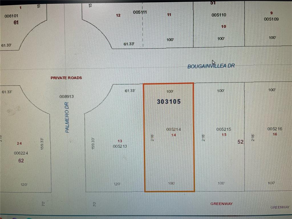 This is a property map showing lot dimensions and parcel numbers along Bougainvillea Drive — 0 BOUGAINVILLEA DRIVE, INDIAN LAKE ESTATES, FL