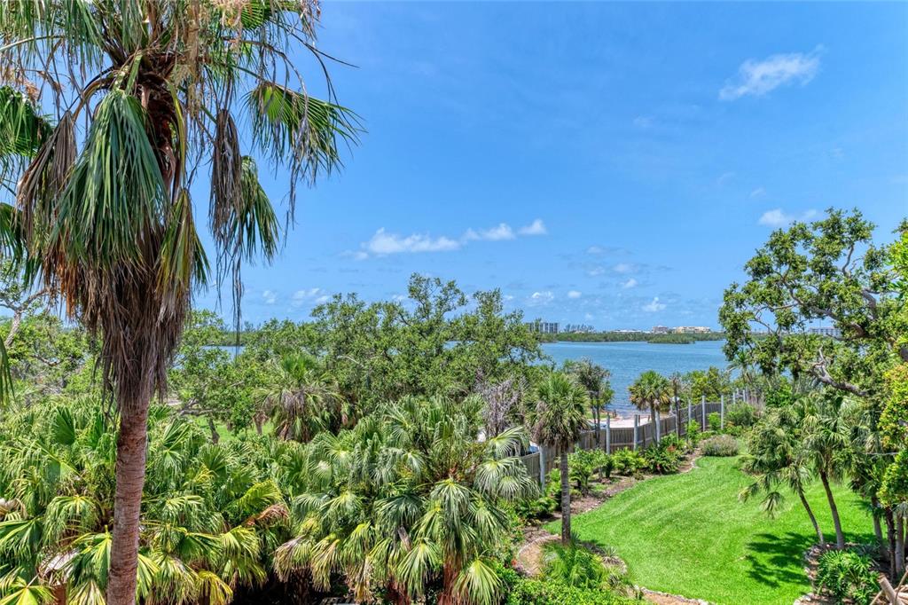 A view of a lush green landscape with palm trees overlooking a body of water — 8963 FISHERMENS BAY DRIVE, SARASOTA, FL