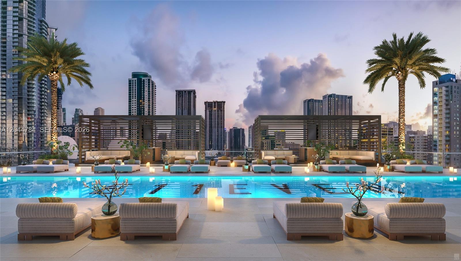 This rendering shows a rooftop swimming pool with lounge seating and city skyline views — 20 NE 11th # 2905, Miami FL 33132, MIAMI, FL