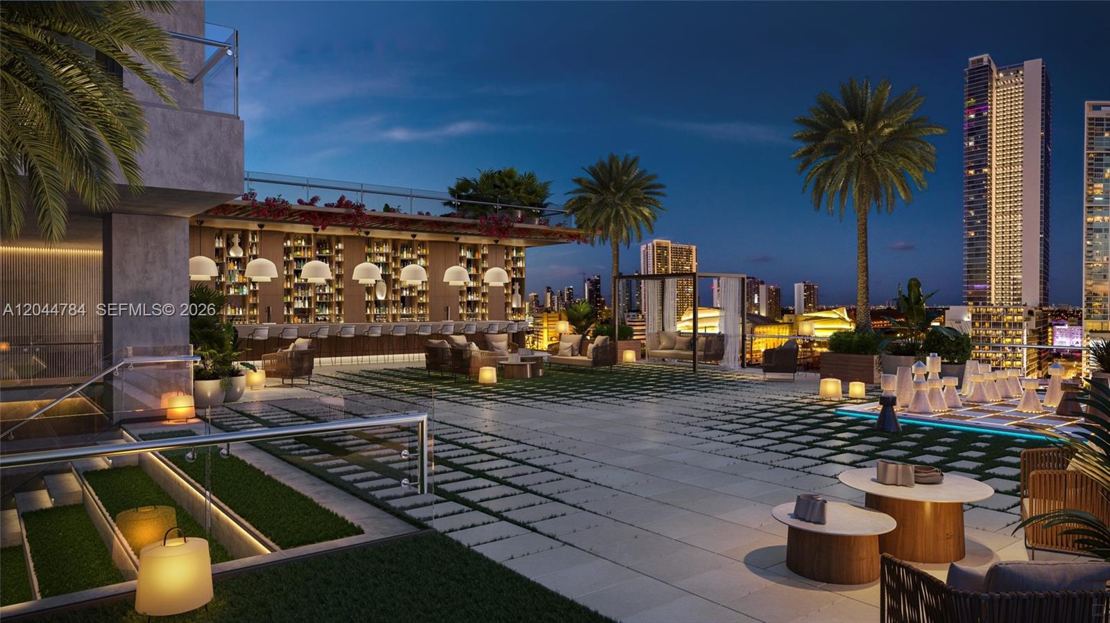 This rendering shows a rooftop terrace with a bar, lounge seating, and a giant chess set — 20 NE 11th # 2905, Miami FL 33132, MIAMI, FL