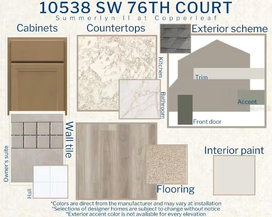 This design board displays interior and exterior finish samples for a residential property — 10538 SW 76TH COURT, OCALA, FL