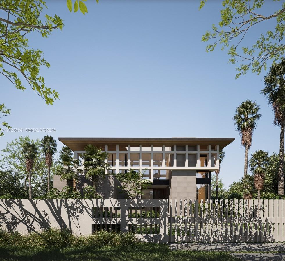 This is a rendering of a modern two-story house behind a decorative metal fence — 3729 Kumquat Ave, Miami FL 33133, MIAMI, FL