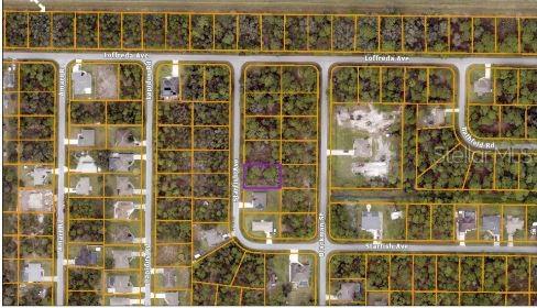 An aerial map shows a vacant residential lot outlined in purple within a wooded neighborhood — STARFISH AVENUE, NORTH PORT, FL