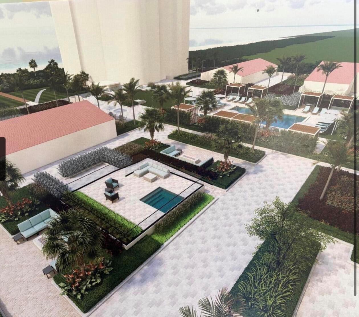 This architectural rendering shows an outdoor resort courtyard with pools, lounge areas, and landscaping — 4000 N Ocean Drive # 403, Singer Island FL 33404, SINGER ISLAND, FL
