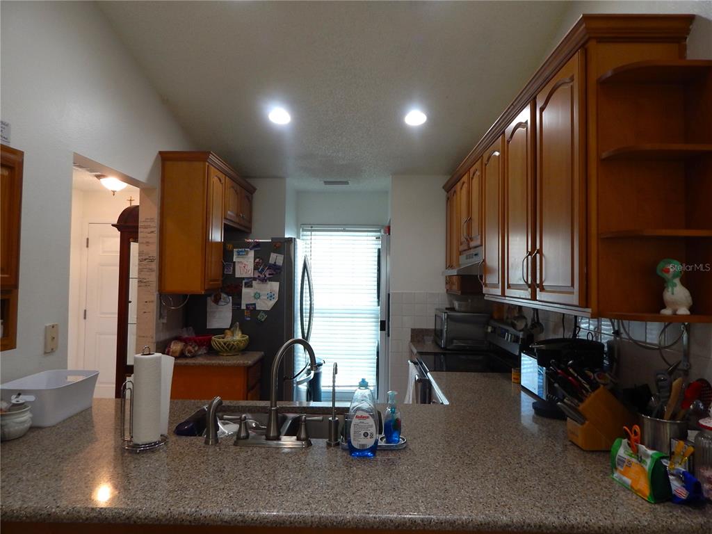 A kitchen features wood cabinets, granite countertops, a stainless steel sink, and a window — 16221 RAMBLING VINE DRIVE W, TAMPA, FL