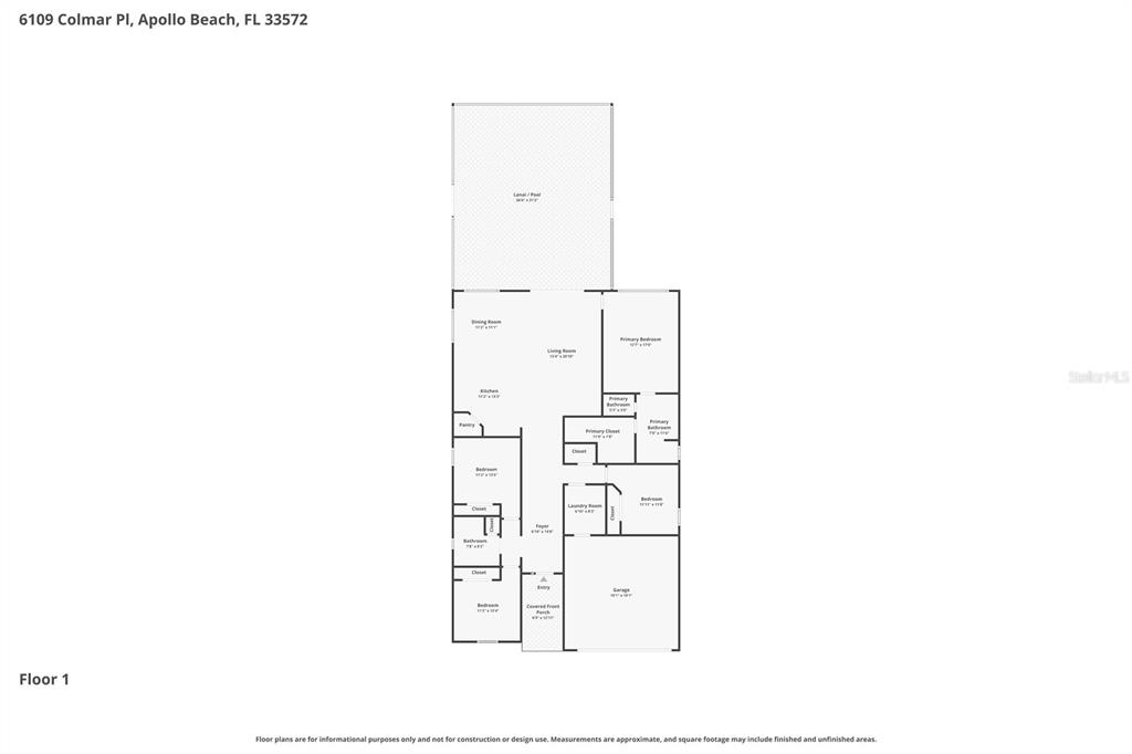 This is a floor plan showing the layout of a single-story residential home — 6109 COLMAR PLACE, APOLLO BEACH, FL