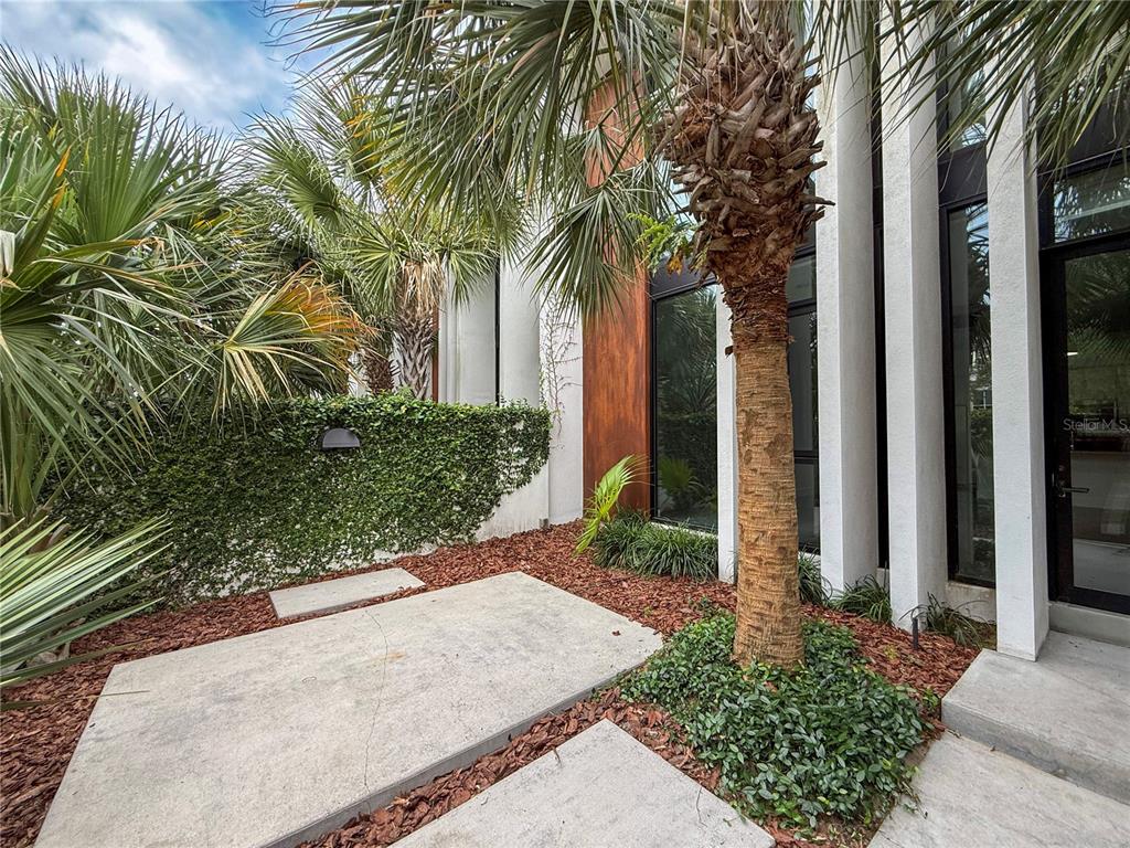 A concrete patio area features a palm tree, ivy-covered wall, and modern vertical architectural columns — 154 2ND STREET SW Unit 7, WINTER HAVEN, FL