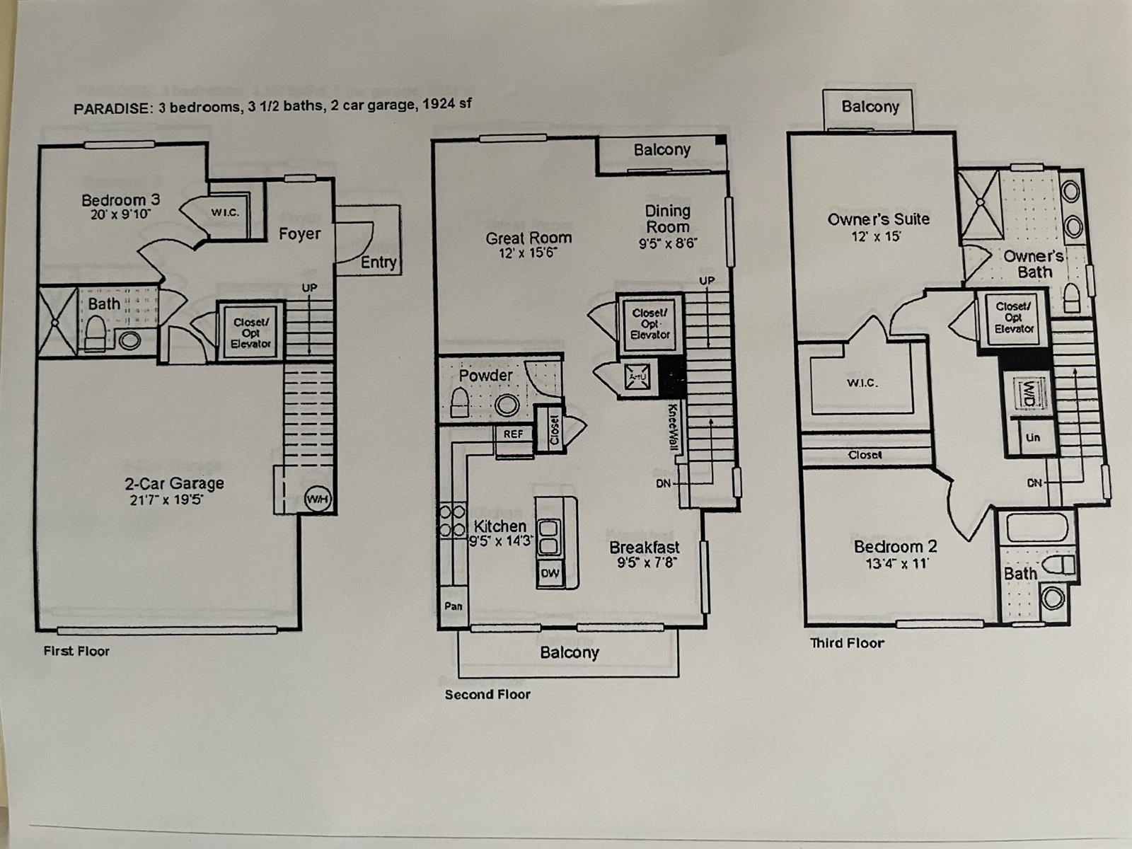 This is a three-story floor plan for a residential unit with three bedrooms and garage — 552 NW 39th Circle N, Boca Raton FL 33431, BOCA RATON, FL