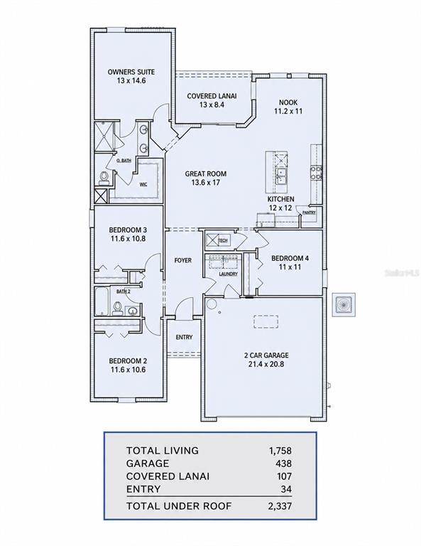 This floor plan shows a four-bedroom, two-bath home with a two-car garage and covered lanai — 6209 SANDERS GROVE CIRCLE, OKAHUMPKA, FL