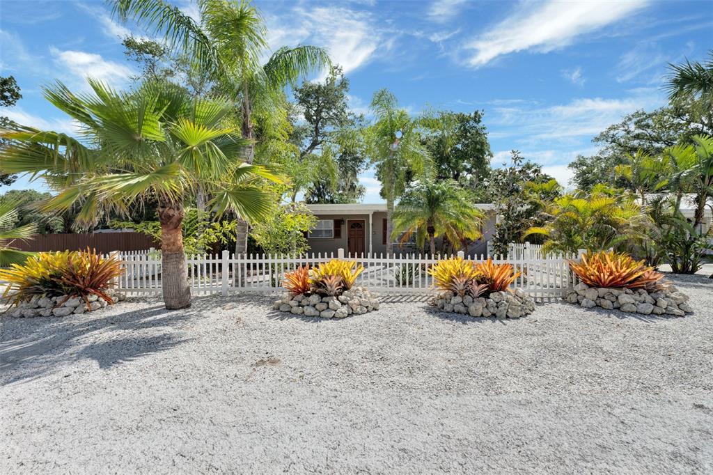 A white picket fence encloses a gravel yard with palm trees and potted bromeliads — 1415 S SCHOOL AVENUE, SARASOTA, FL