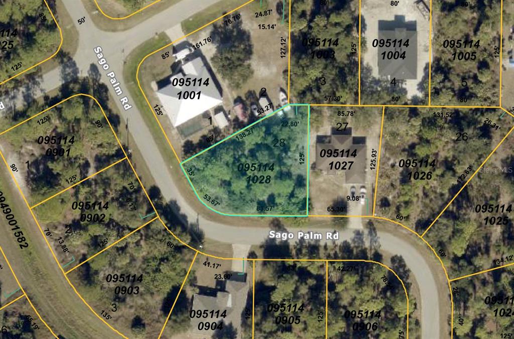 This is a property map showing lot boundaries and parcel numbers for a residential area — SAGO PALM ROAD, NORTH PORT, FL