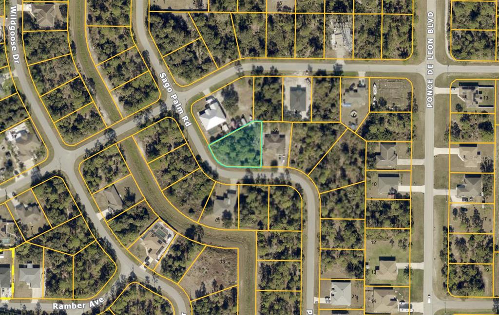 This is an aerial map showing a vacant lot highlighted in blue within a residential neighborhood — SAGO PALM ROAD, NORTH PORT, FL