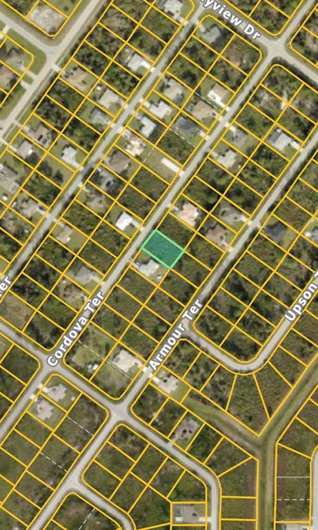 This is an aerial map showing a vacant lot highlighted in green on Armour Terrace — CORDOVA TERRACE, NORTH PORT, FL