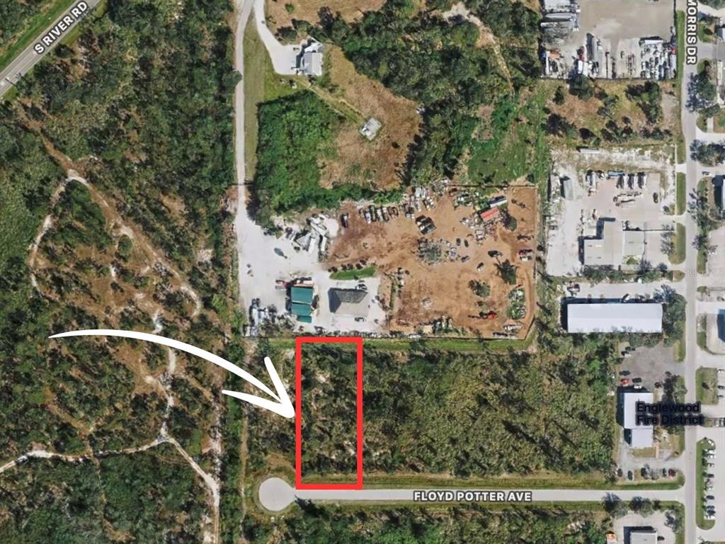 An aerial view shows a rectangular vacant lot outlined in red along a paved road — 0 FLOYD POTTER AVENUE, ENGLEWOOD, FL