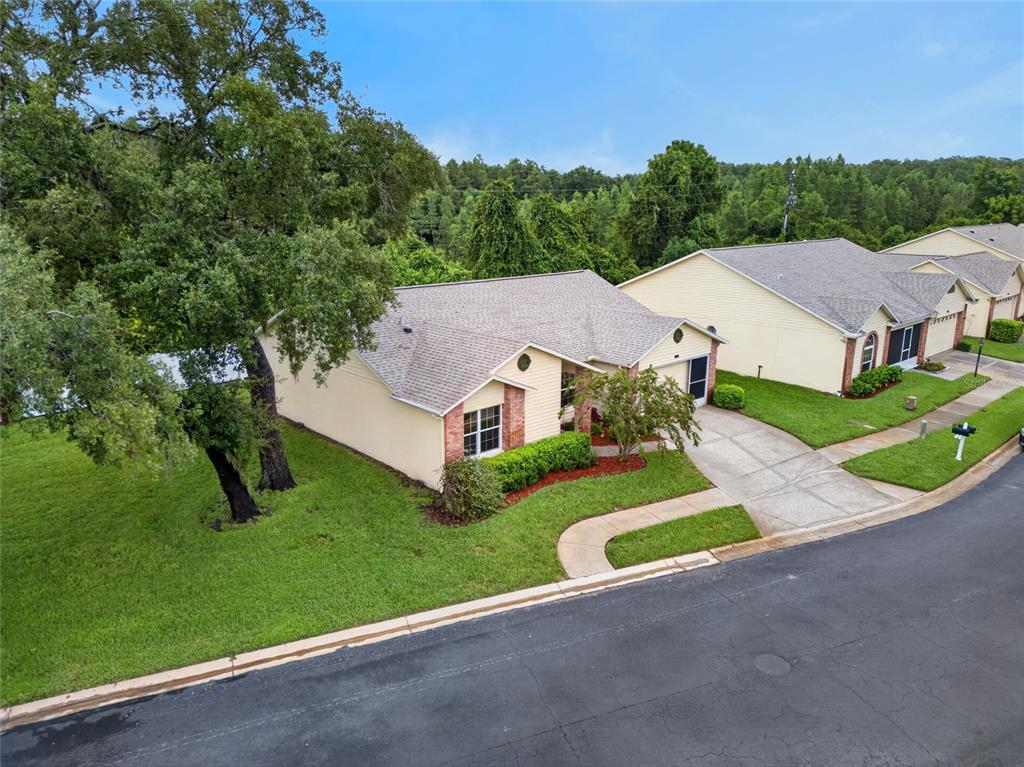 An elevated view of a single-story suburban house with a driveway and a large tree — 4949 BOSTONIAN LOOP, NEW PORT RICHEY, FL