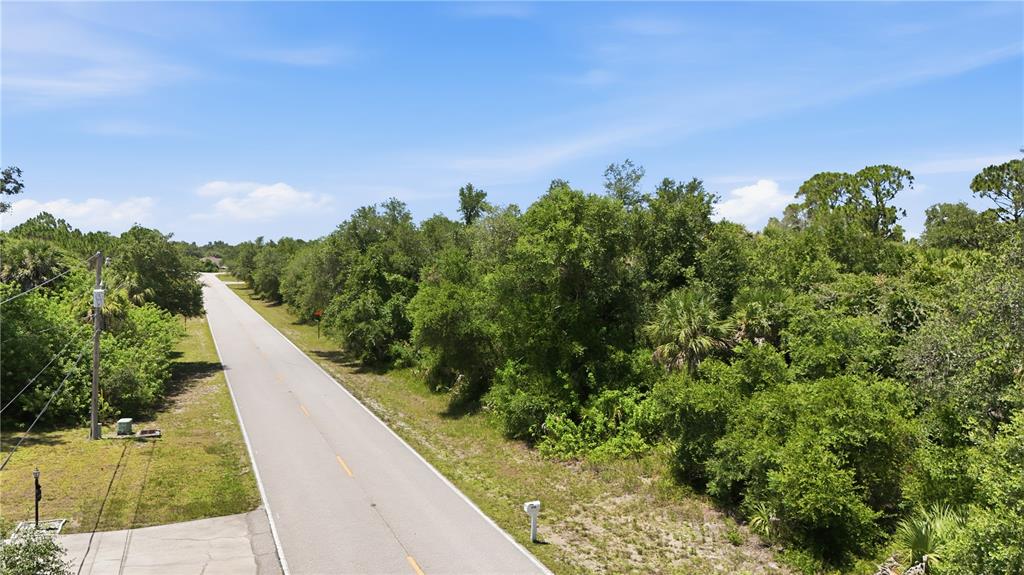 An aerial view shows a paved road running alongside a dense, wooded vacant lot — 3139 COMO STREET, PORT CHARLOTTE, FL