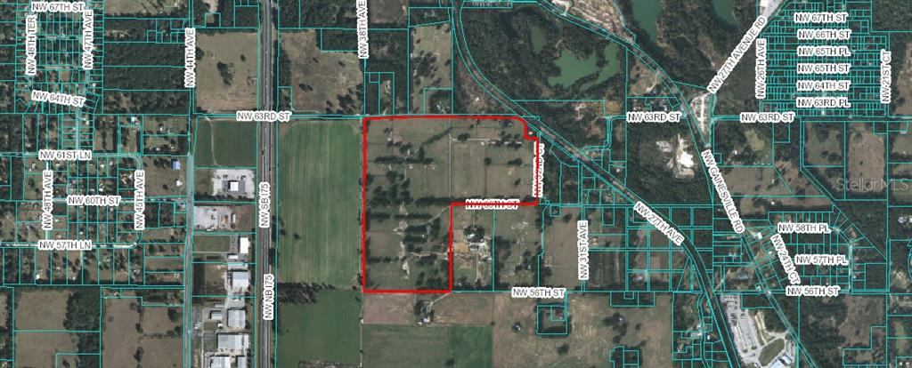 This is an aerial map showing a property outlined in red — 3570 NW 63RD STREET, OCALA, FL