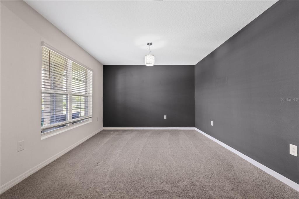 An empty room features gray carpet, white walls, and a dark gray accent wall — 13904 WINEBERRY DRIVE, DADE CITY, FL